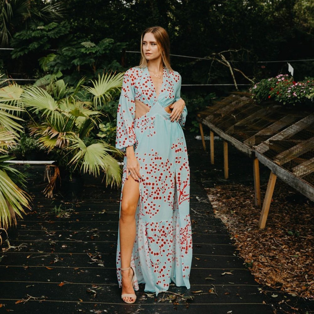 Baby Blue Cherry Blossom Print Cut-Out Maxi Dress